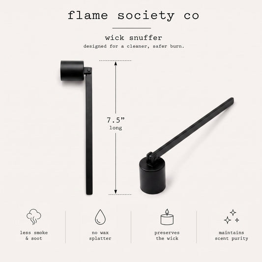 Black wick snuffer infographic - flame society co - 7.5 inches long, less smoke and soot, no wax splatter, preserves the wick, maintains scent purity