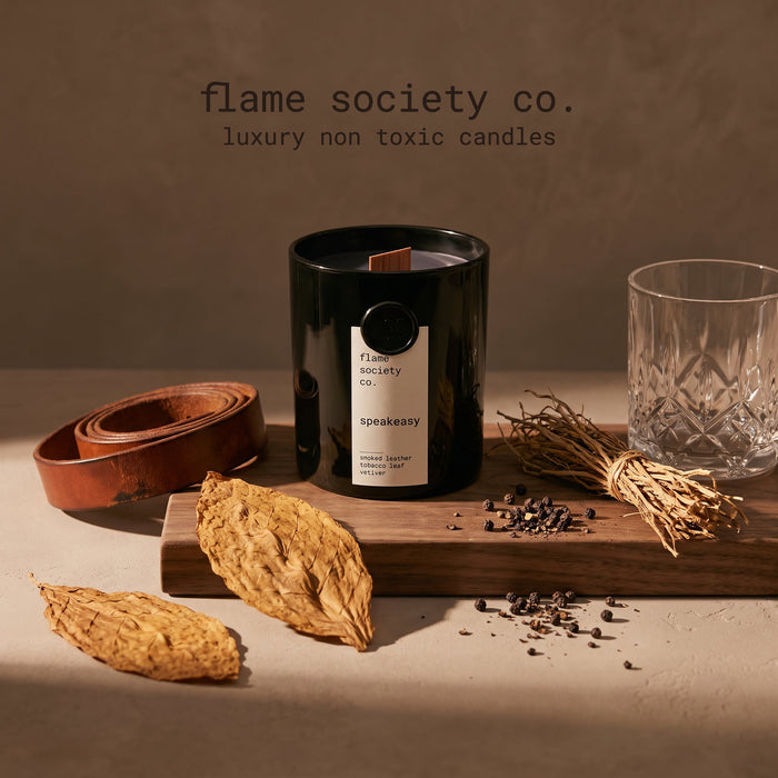 Old Fashioned candle with rolled leather, tobacco leaf and vanilla beans