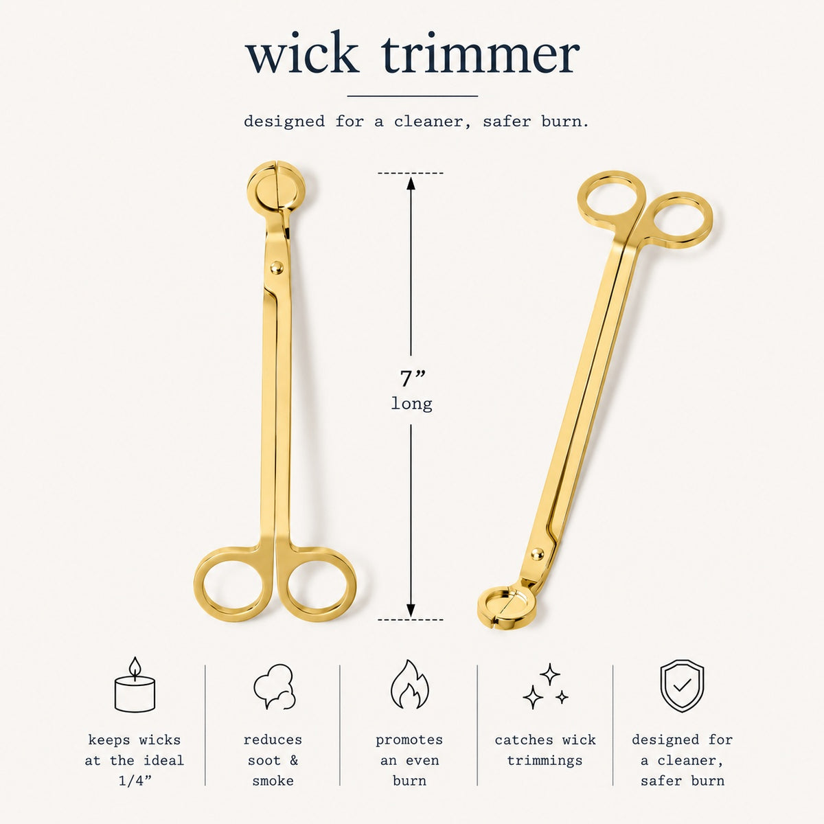 Gold wick trimmer infographic - designed for a cleaner, safer burn - 7 inches long