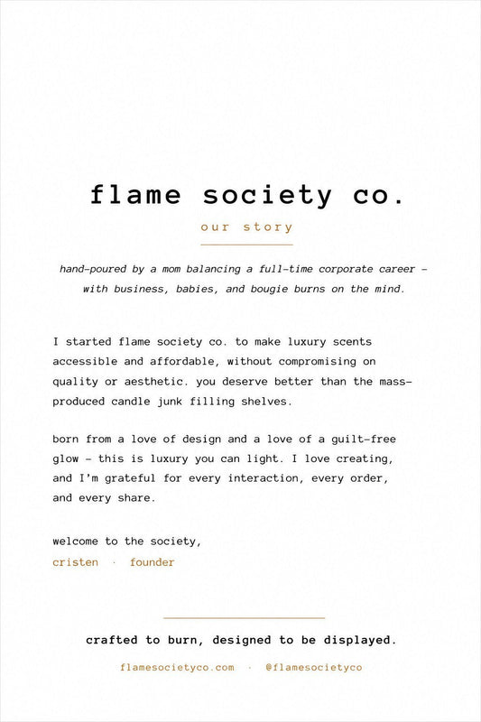 Flame Society Co. brand story page featuring minimalist typography on a white background detailing their mission.