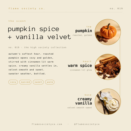 Pumpkin Spice + Vanilla Velvet scent card no. 019 — roasted pumpkin top, warm spice heart, creamy vanilla base — Flame Society Co.