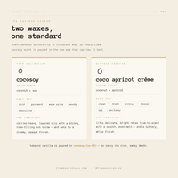 Product description card for two wax scents with text on a beige background