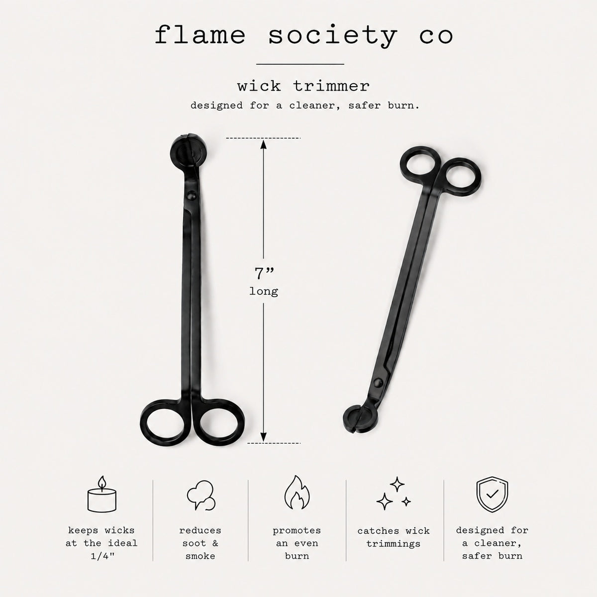 Black wick trimmer infographic - flame society co - 7 inches long, keeps wicks at the ideal 1/4 inch, reduces soot and smoke, promotes an even burn, catches wick trimmings