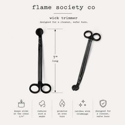 Black wick trimmer infographic - flame society co - 7 inches long, keeps wicks at the ideal 1/4 inch, reduces soot and smoke, promotes an even burn, catches wick trimmings