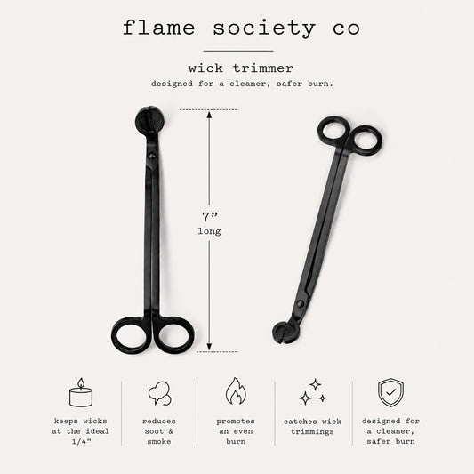 Black wick trimmer infographic - flame society co - 7 inches long, keeps wicks at the ideal 1/4 inch, reduces soot and smoke, promotes an even burn, catches wick trimmings