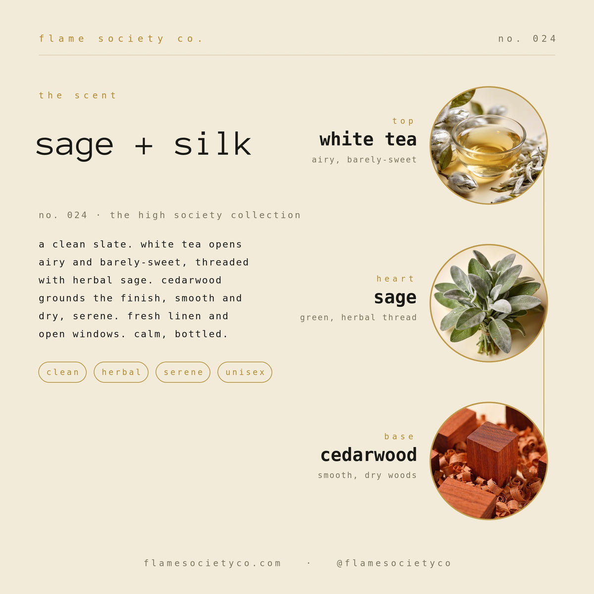 Sage + Silk scent card: white tea, sage, cedarwood — no. 024, the high society collection.