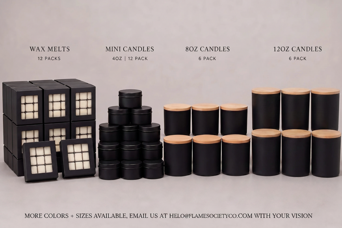 A product lineup of home fragrance items on a neutral light gray background, including black wax melts cubes with white grid inserts, black mini candles, 8oz and 12oz black candles with bamboo lids, and text labels above each group.