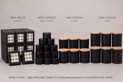 A product lineup of home fragrance items on a neutral light gray background, including black wax melts cubes with white grid inserts, black mini candles, 8oz and 12oz black candles with bamboo lids, and text labels above each group.