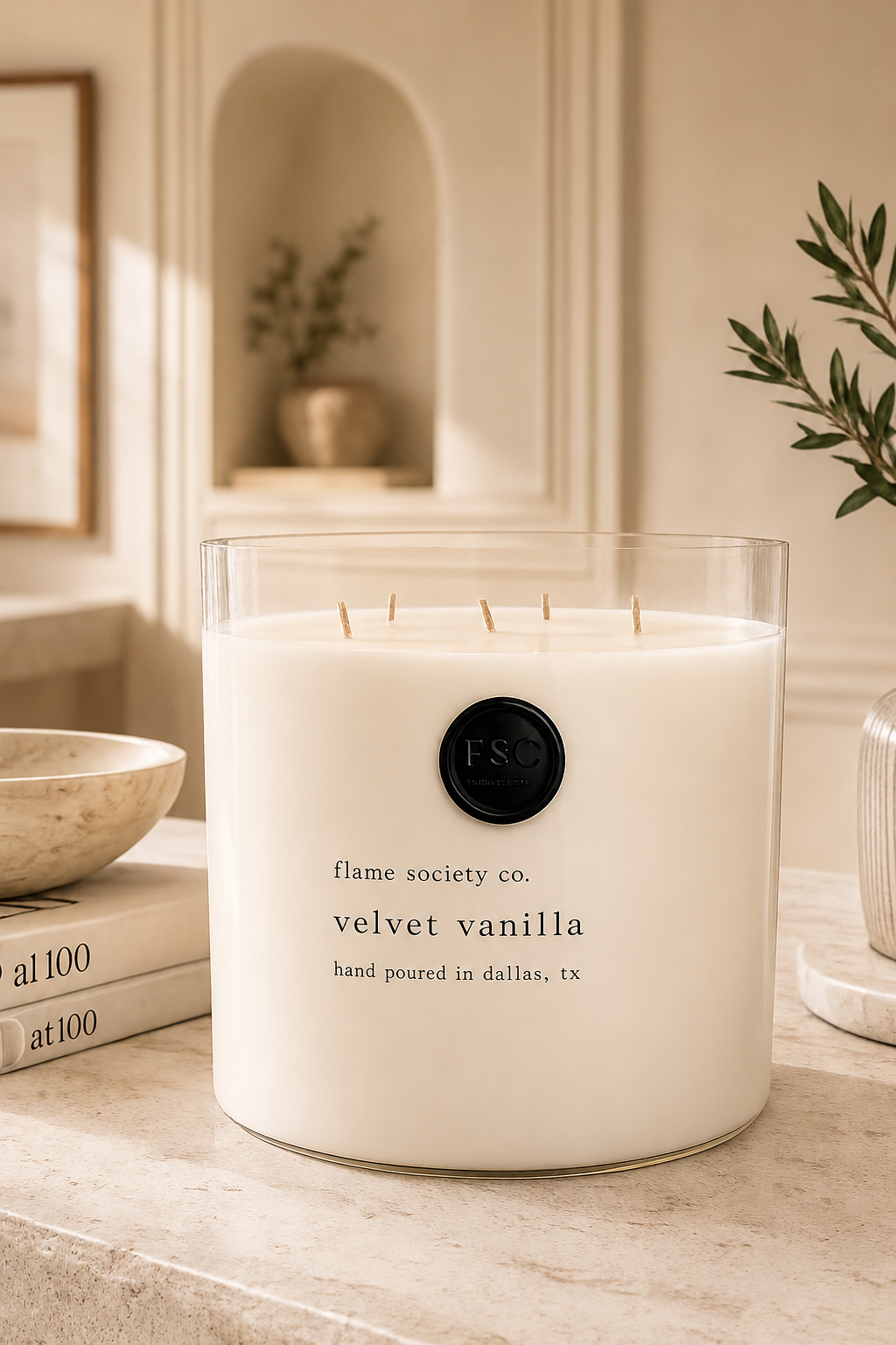 Velvet Vanilla XL 150oz statement candle in a clear glass vessel on a travertine table — Flame Society Co.