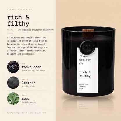 Rich & Filthy scent profile card showing tonka bean, leather, and sage notes.