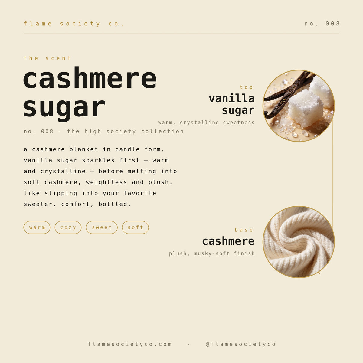 Cashmere Sugar scent card: vanilla sugar, cashmere — no. 008, the high society collection.
