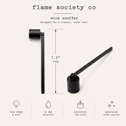 Black wick snuffer infographic - flame society co - 7.5 inches long, less smoke and soot, no wax splatter, preserves the wick, maintains scent purity