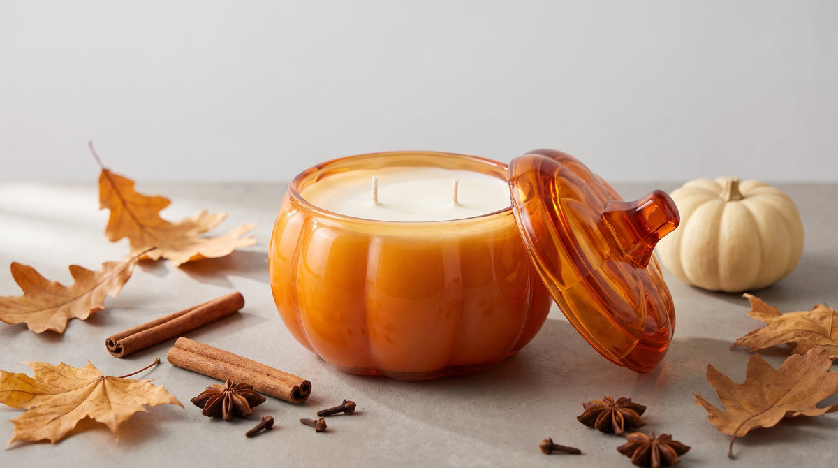 Orange glass pumpkin jar candle with lid tilted beside it, cream coco soy wax and two cotton wicks, styled with autumn leaves, cinnamon and star anise — Flame Society Co.