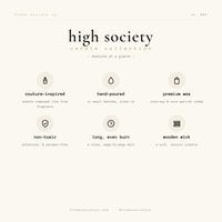 High Society candle collection features on a white background