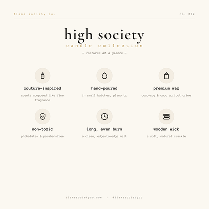 High Society candle collection features on a white background