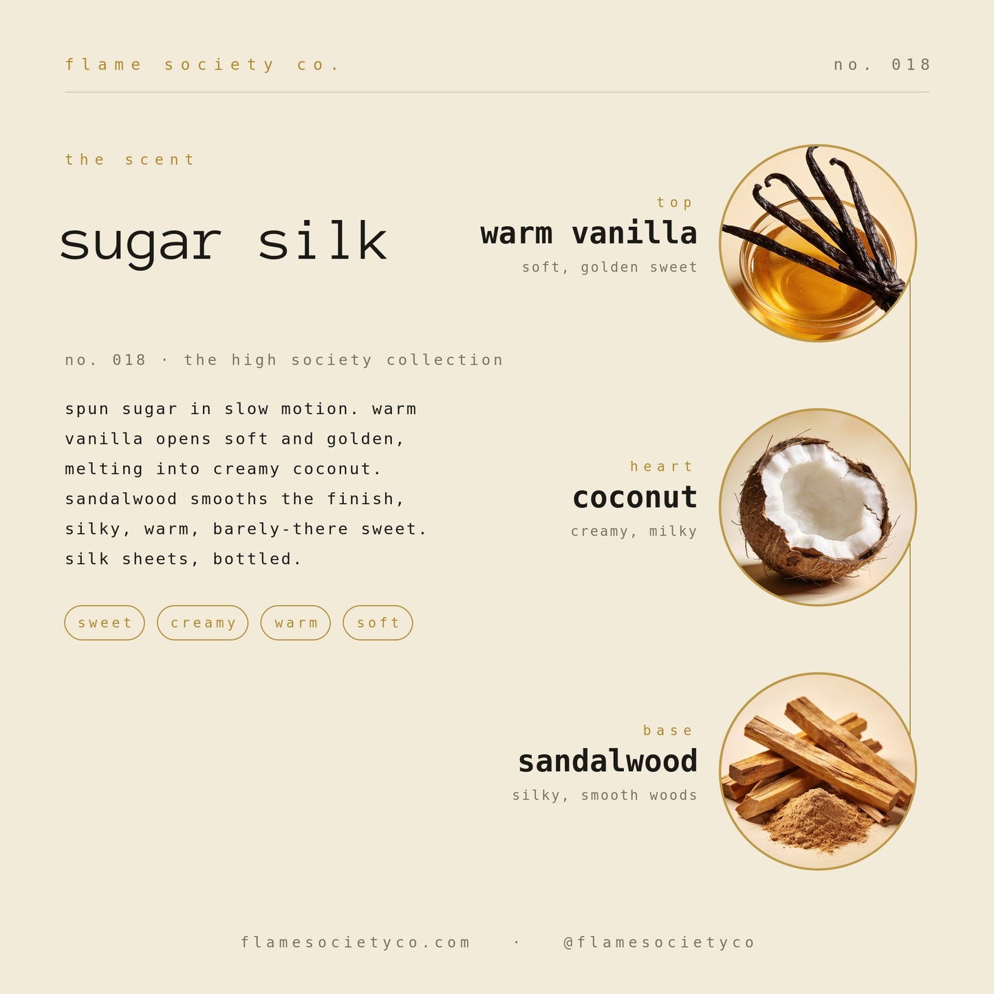 Sugar Silk scent card: warm vanilla, coconut, sandalwood — no. 018, the high society collection.