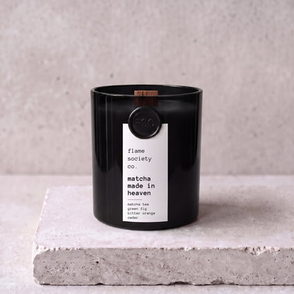 Matcha Made in Heaven candle in black glass vessel with wooden wick — matcha tea, green fig, bitter orange, cedar — Flame Society Co.