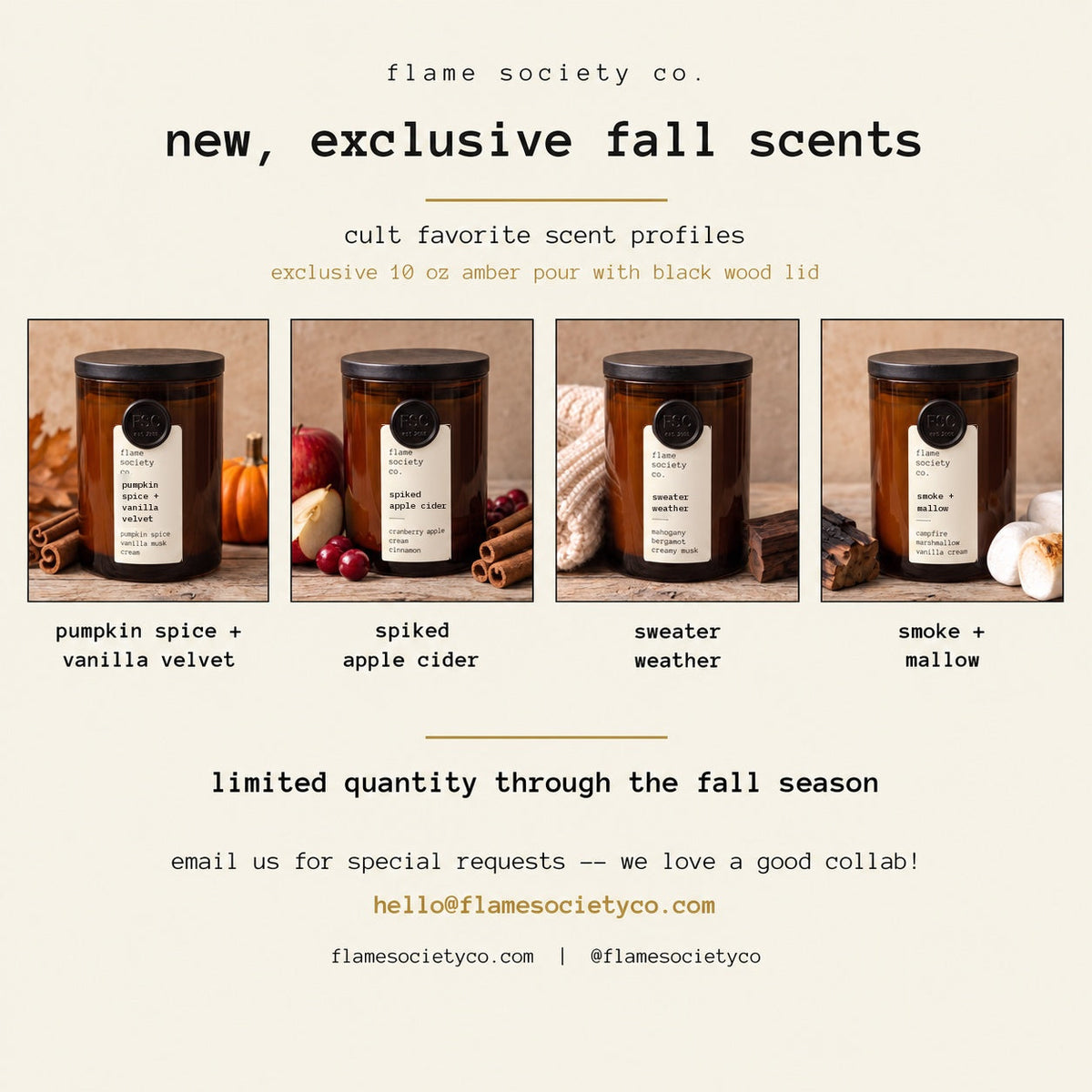 New exclusive seasonal scents - limited quantity 10oz amber pour with black wood lid - Flame Society Co.