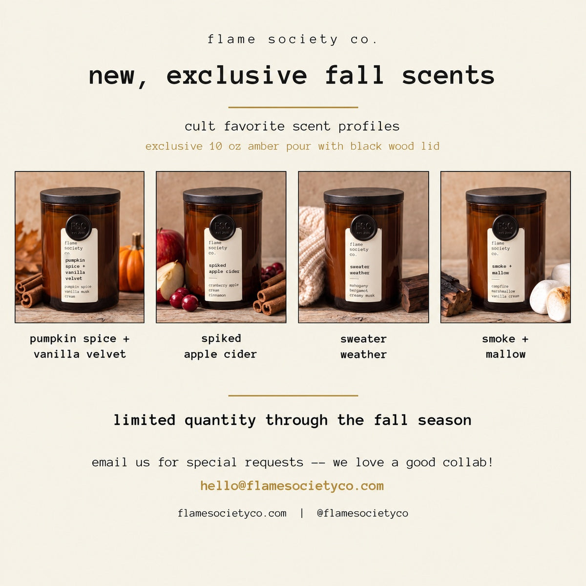 New exclusive fall scents - limited quantity 10oz amber pour with black wood lid - Flame Society Co.