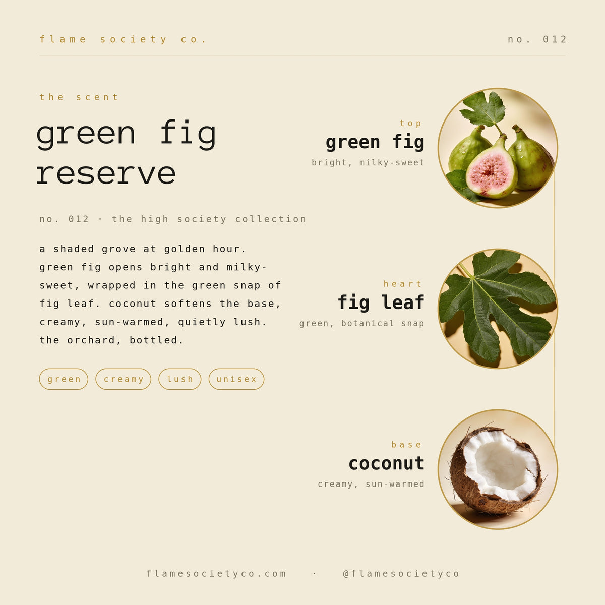 Green Fig Reserve scent card: green fig, fig leaf, coconut — no. 012, the high society collection.