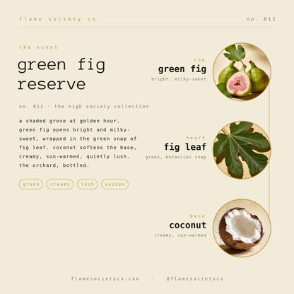 Green Fig Reserve scent card: green fig, fig leaf, coconut — no. 012, the high society collection.