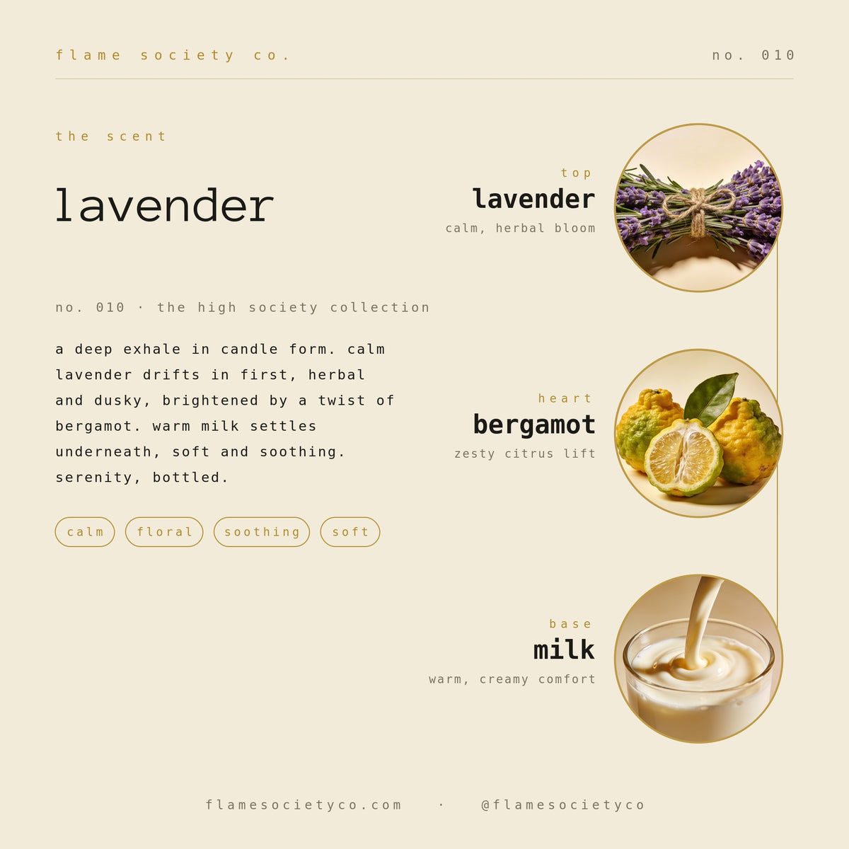 Lavender scent card: lavender, bergamot, milk — no. 010, the high society collection.