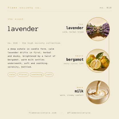 Lavender scent card: lavender, bergamot, milk — no. 010, the high society collection.