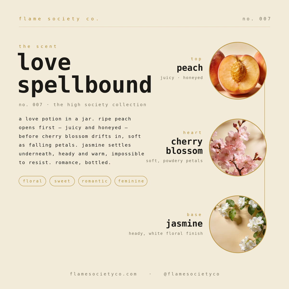 Love Spellbound scent card: peach, cherry blossom, jasmine — no. 007, the high society collection.