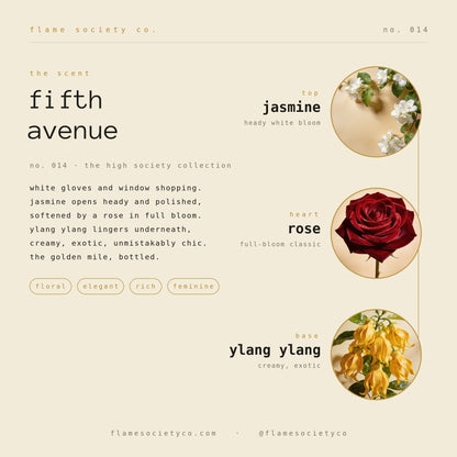 Fifth Avenue scent card: jasmine, rose, ylang ylang — no. 014, the high society collection.