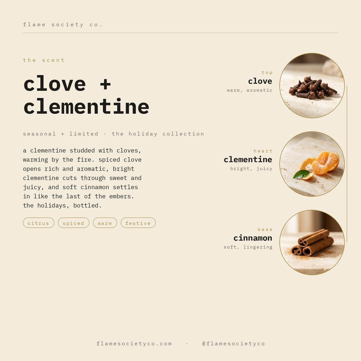 Clove + Clementine scent card - top warm clove, heart bright clementine, base soft cinnamon - seasonal holiday collection - Flame Society Co.