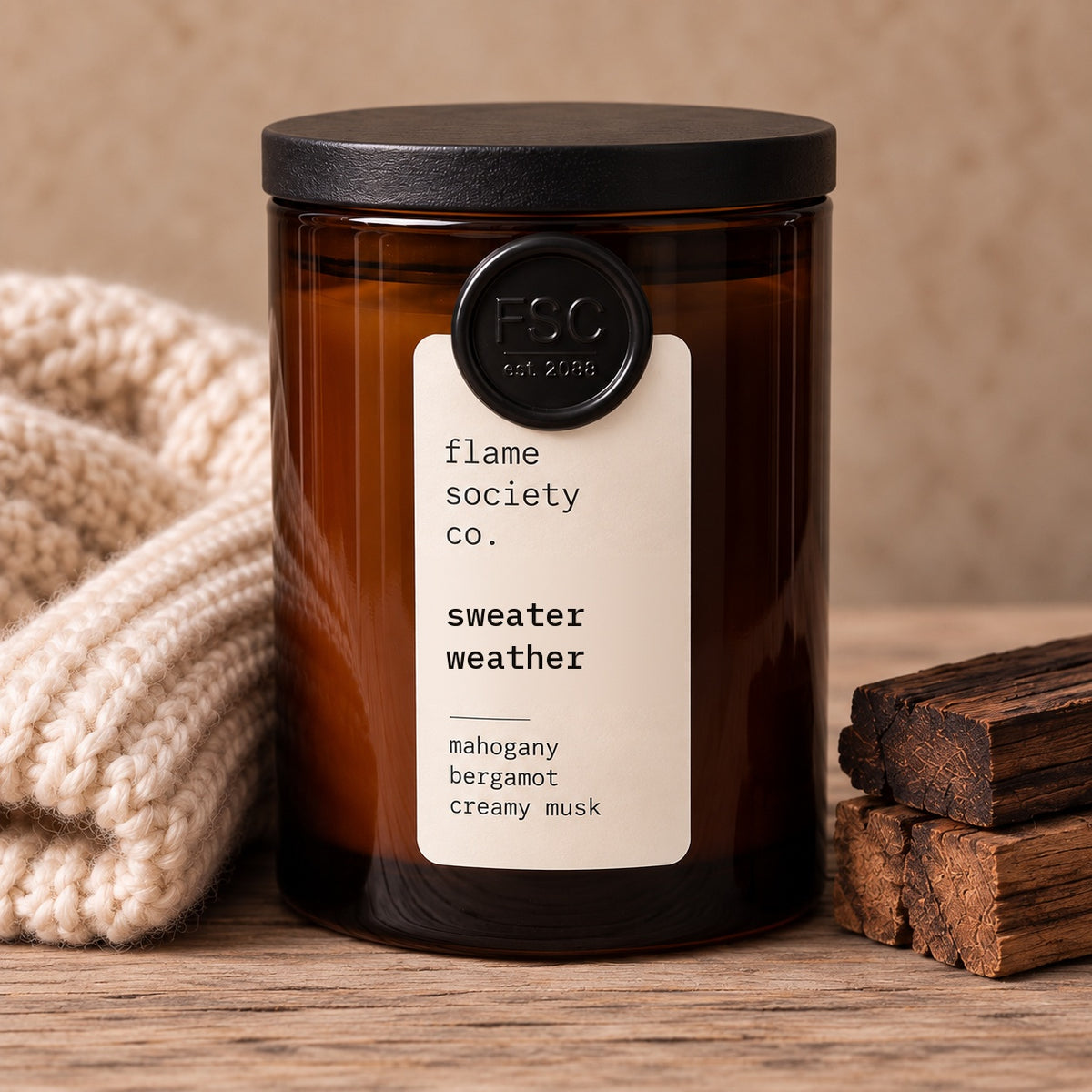 Sweater Weather 10oz amber jar candle with black wood lid - Flame Society Co.