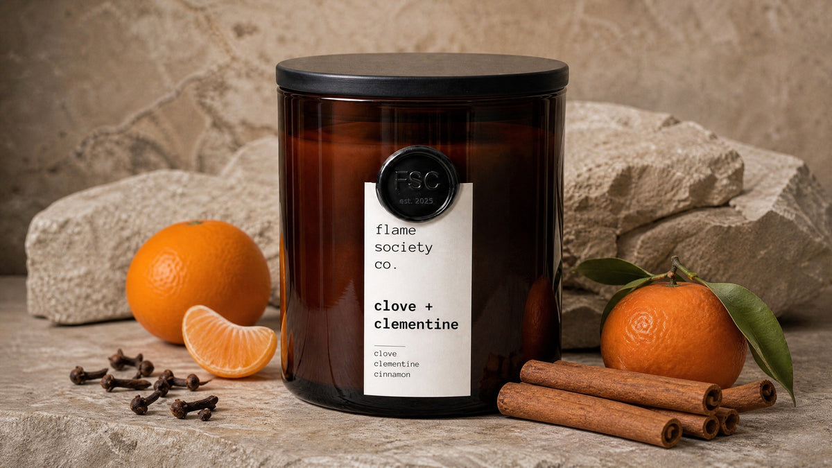 Clove + Clementine 10oz amber jar candle with black wood lid, clementines, cloves and cinnamon sticks - Flame Society Co.