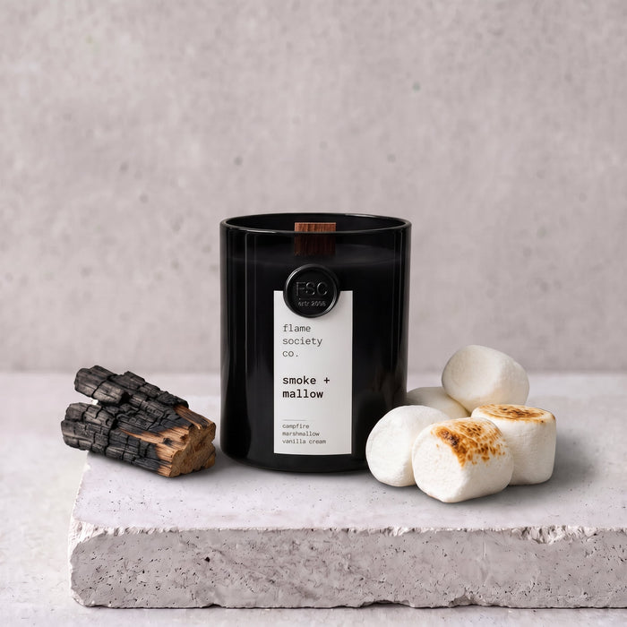 Smoke + Mallow candle with toasted marshmallows and charred firewood