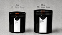 Flame Society Co. candle size comparison — 8oz 40+ hour burn and 12oz 70+ hour burn