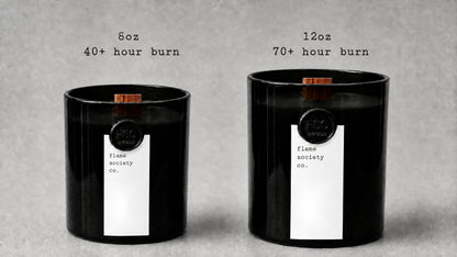 Flame Society Co. candle size comparison — 8oz 40+ hour burn and 12oz 70+ hour burn