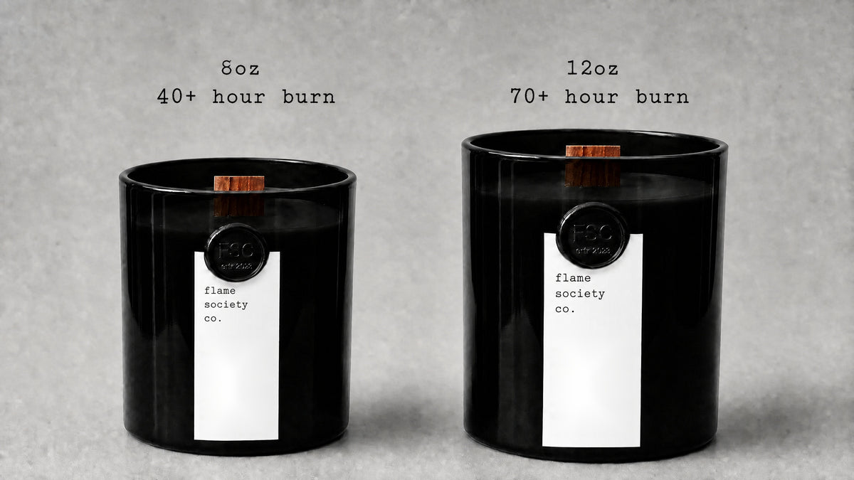 Flame Society Co. candle size comparison — 8oz 40+ hour burn and 12oz 70+ hour burn