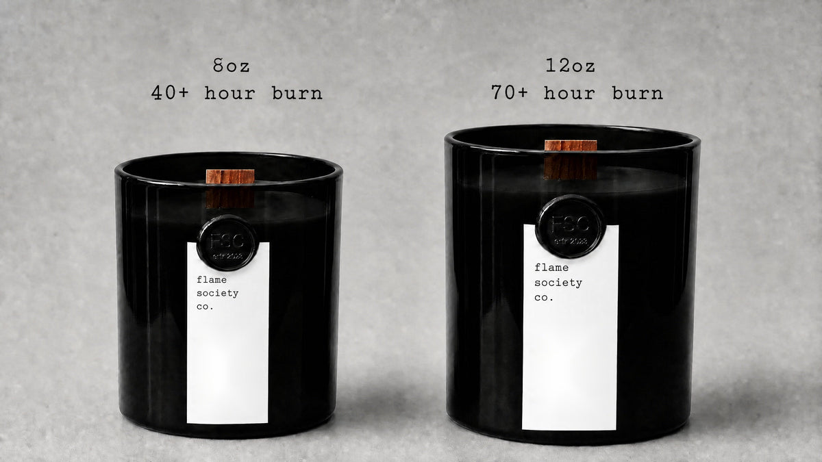 Flame Society Co. candle size comparison — 8oz 40+ hour burn and 12oz 70+ hour burn
