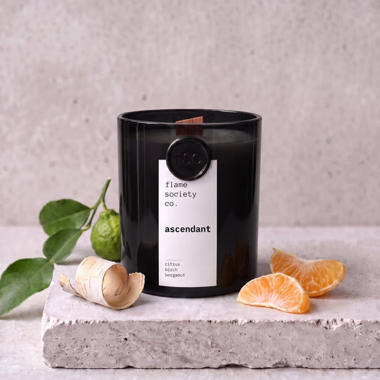 Ascendant candle styled with citrus, birch bark and bergamot on concrete — Flame Society Co.