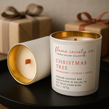Christmas Tree Holiday Candle: 8oz White/Gold Vessel with Red Wooden Wick, 4oz Wax Melts & Mini Candles