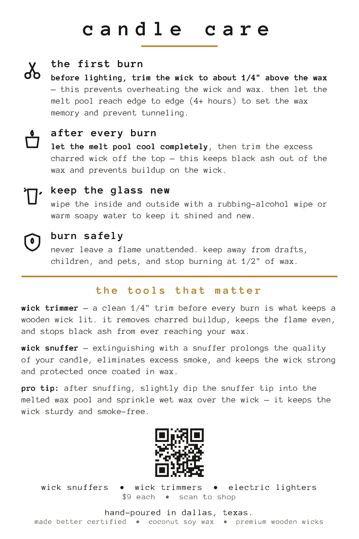 A white informational card titled 'candle care' with black icons and text explaining wax trimming, burning, glass cleaning, safety, and care tips, plus a small section about wick tools and a QR code.