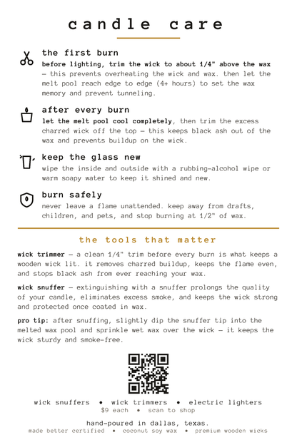 A white informational card titled 'candle care' with black icons and text explaining wax trimming, burning, glass cleaning, safety, and care tips, plus a small section about wick tools and a QR code.