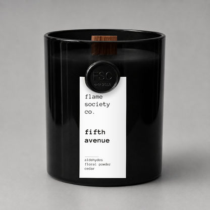 Fifth Avenue candle in black glass vessel with wooden wick — Flame Society Co.