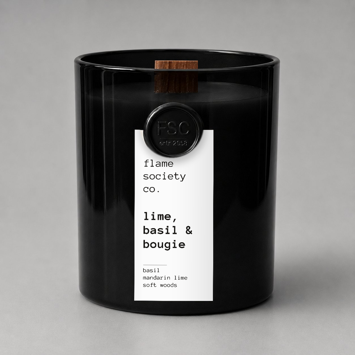 Lime, Basil & Bougie candle in black glass vessel with wooden wick — Flame Society Co.