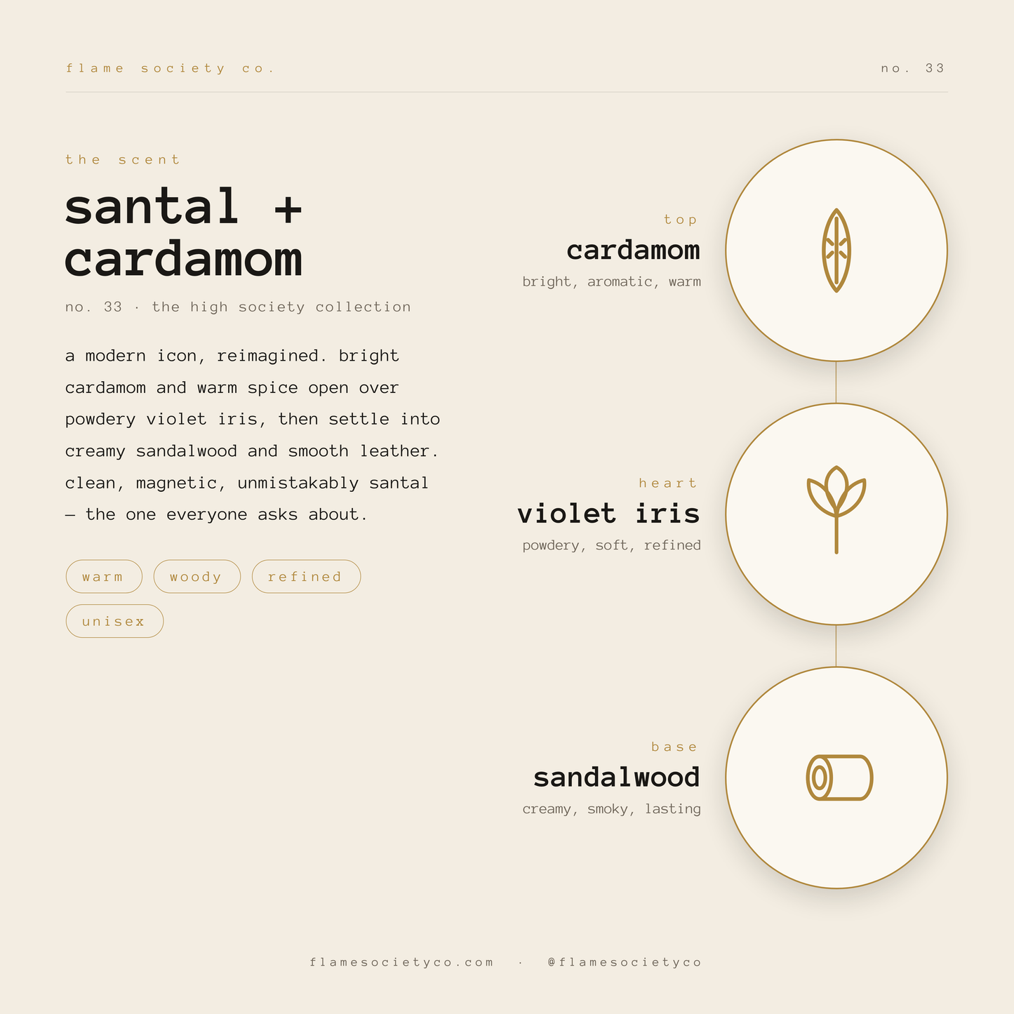 No. 033 Santal + Cardamom candle — warm sandalwood home fragrance