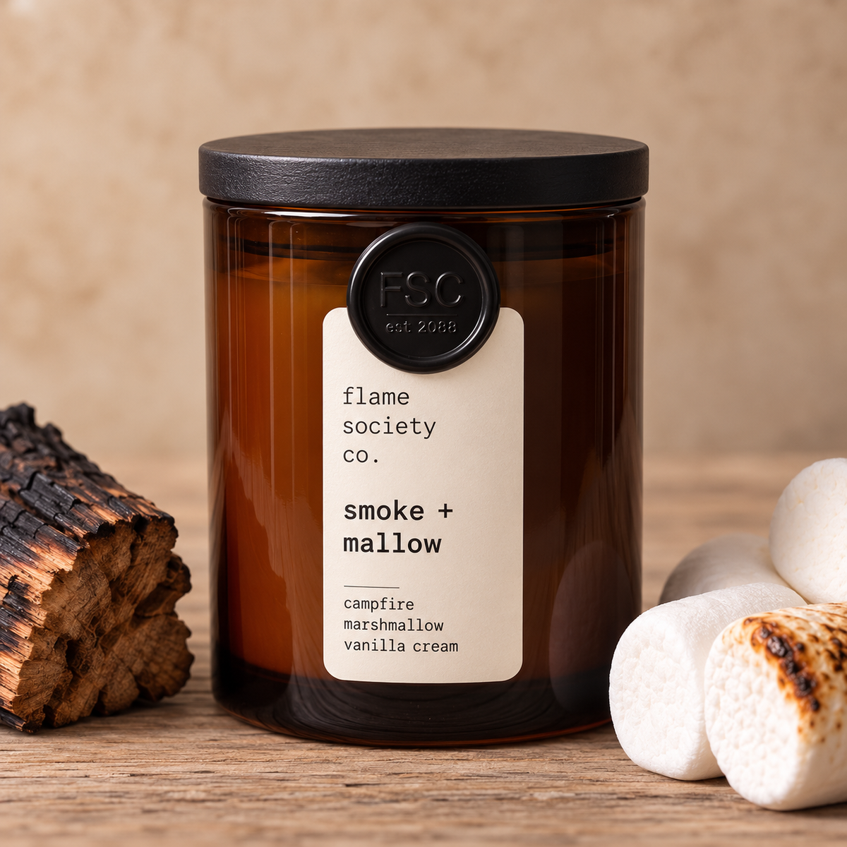 Smoke + Mallow fall exclusive 10oz amber jar candle with black wood lid, styled with charred firewood and toasted marshmallows — Flame Society Co.