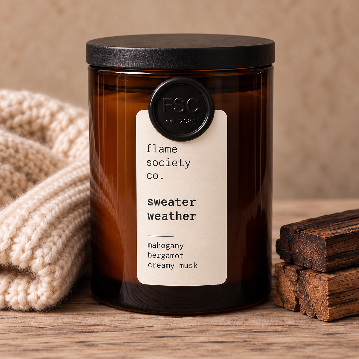 Sweater Weather fall exclusive 10oz amber jar candle with black wood lid, styled with a cream knit sweater and mahogany wood — Flame Society Co.