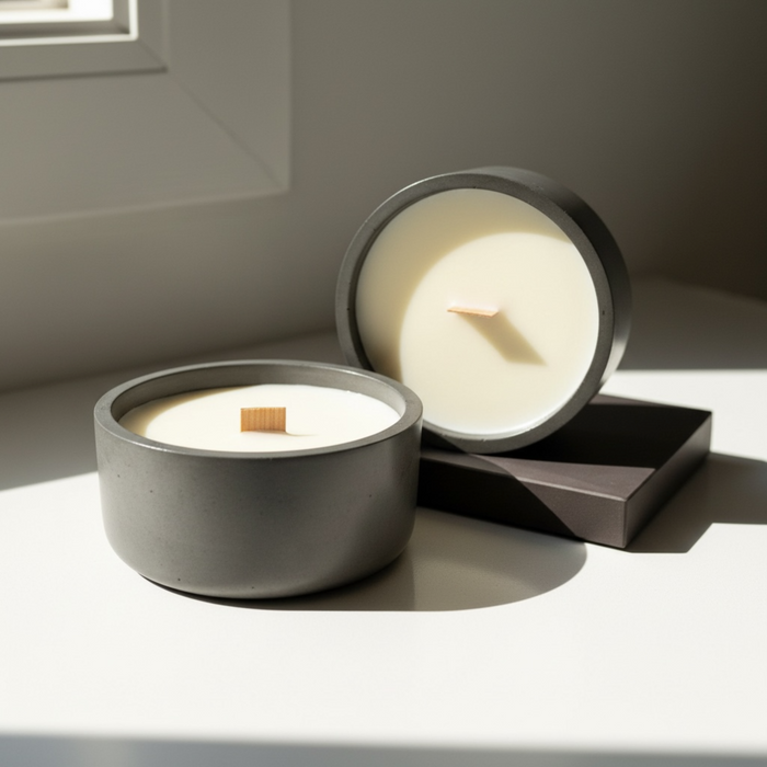 Hand-poured concrete candle in reusable artisan vessel — Flame Society Co.