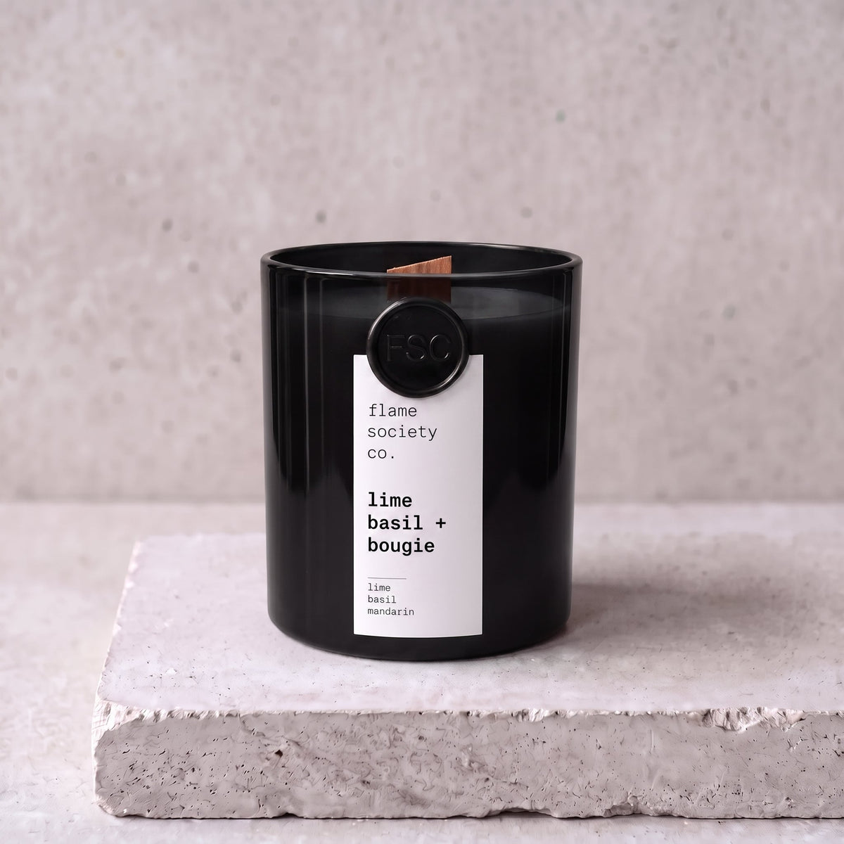 Lime Basil + Bougie candle hero — black glass vessel with wooden wick, lime, basil and mandarin — Flame Society Co.