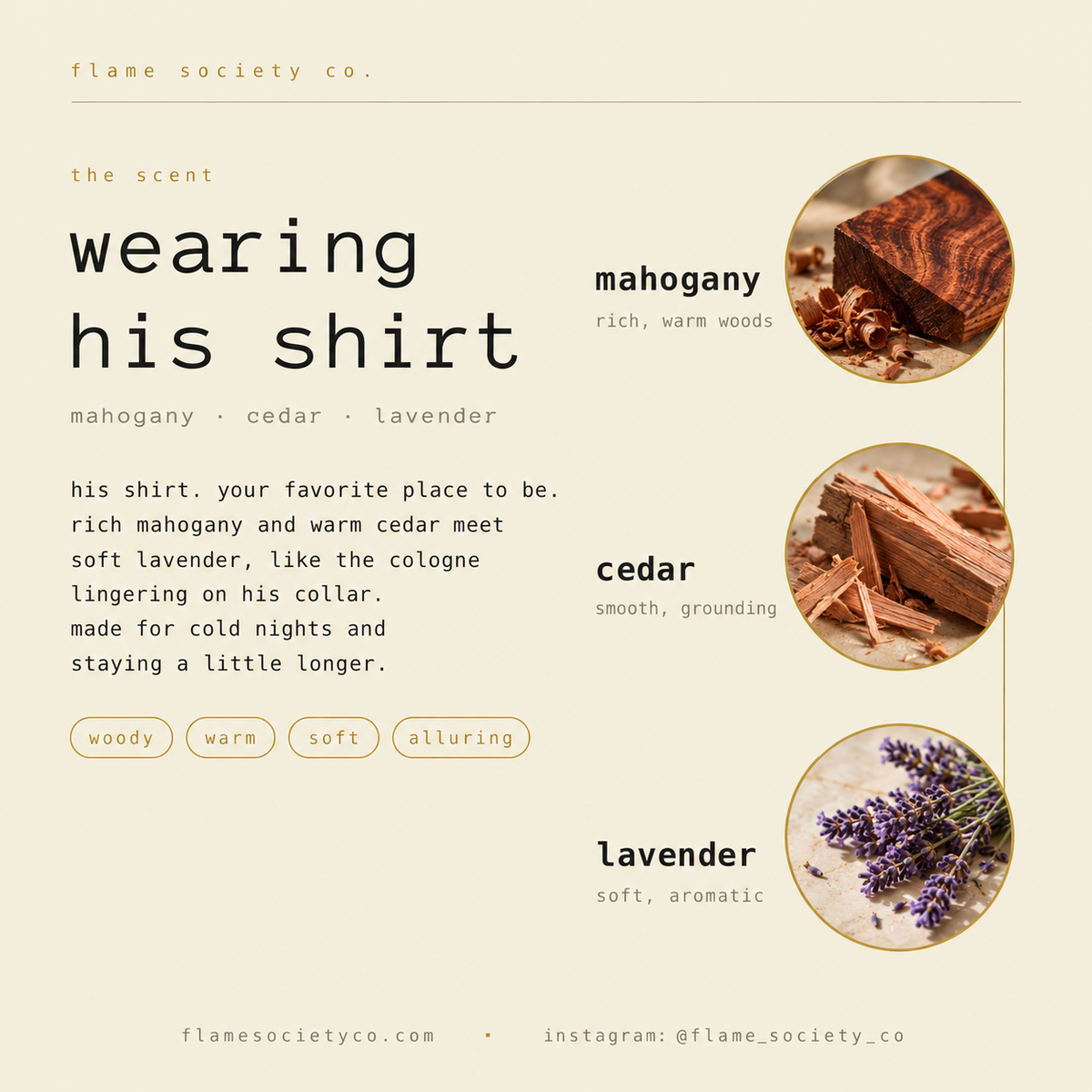 Wearing His Shirt scent card — mahogany (rich, warm woods), cedar (smooth, grounding), lavender (soft, aromatic) — woody, warm, soft, alluring — Flame Society Co.