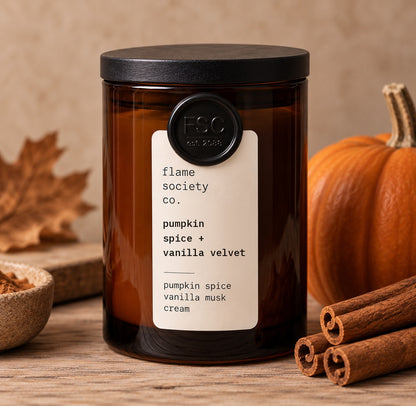 Pumpkin Spice + Vanilla Velvet 10oz amber jar candle with black wood lid, pumpkin and cinnamon - Flame Society Co.